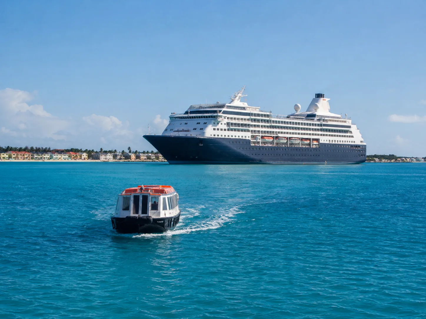 A cruise ship lying at anchor off a low shoreline of pastel buildings, with an orange-topped tender running in towards the camera — how passengers reach George Town, which has no pier